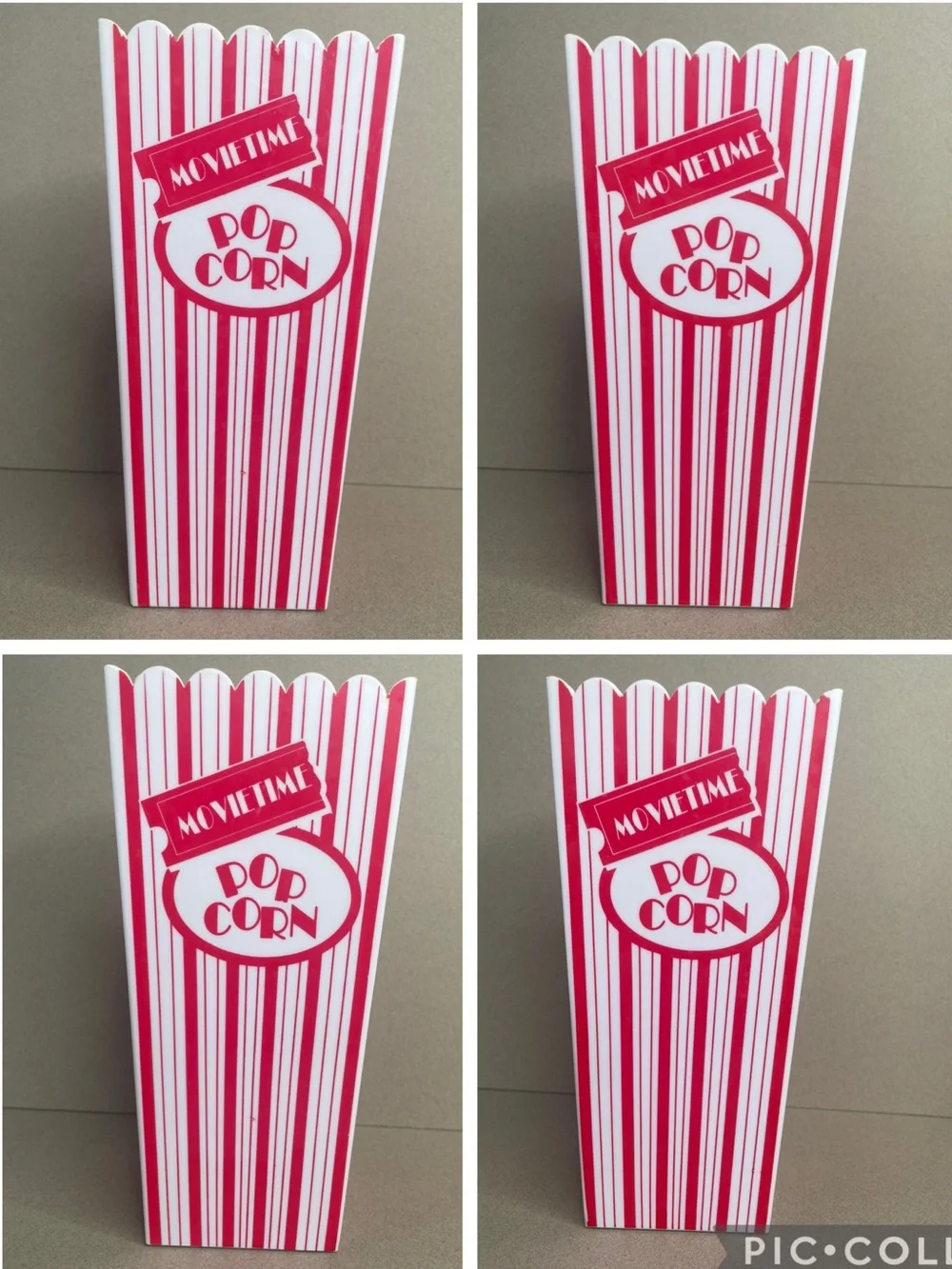 Set of 4 Movie Time Popcorn Buckets Vintage Plastic Tubs Striped Home Theater